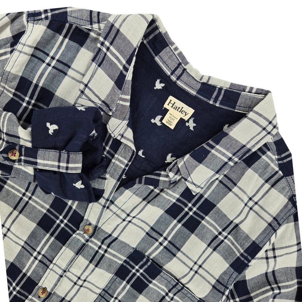 Hatley US MEDIUM Plaid Button Shirt Womens Navy White Bird Print Coastal Cabin
